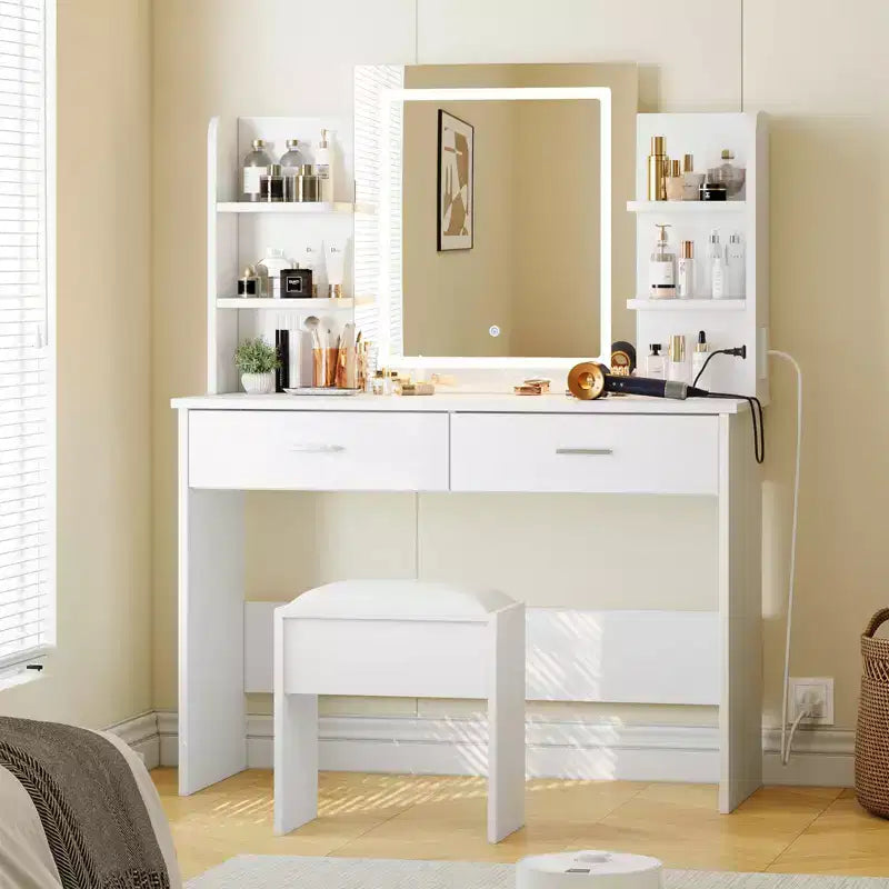 GustoWave Vanity Desk with Mirror and Lights, Makeup Vanity Set with Cushioned Stool, Power Outlet,6 Storage Shelves,2 Drawers