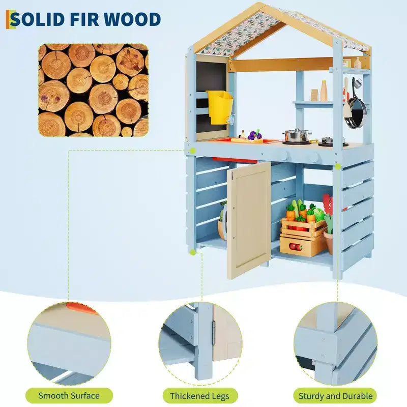 Mud Kitchen for Kids Outdoor, Wooden Play Kitchen with Canopy, Faucet, Sink, Chalkboard, Hanging Hooks, Gifts for Boys and Girls Ages 3+