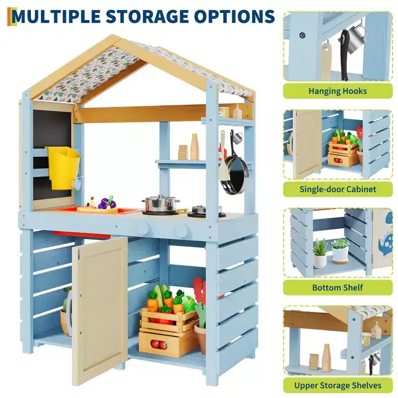 Mud Kitchen for Kids Outdoor, Wooden Play Kitchen with Canopy, Faucet, Sink, Chalkboard, Hanging Hooks, Gifts for Boys and Girls Ages 3+