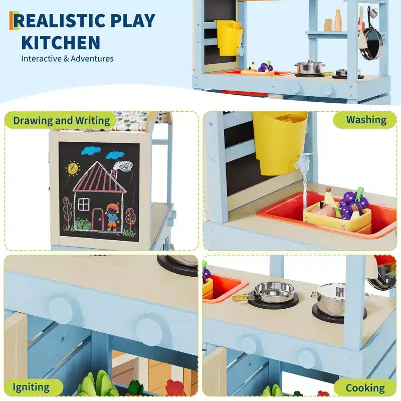 Mud Kitchen for Kids Outdoor, Wooden Play Kitchen with Canopy, Faucet, Sink, Chalkboard, Hanging Hooks, Gifts for Boys and Girls Ages 3+