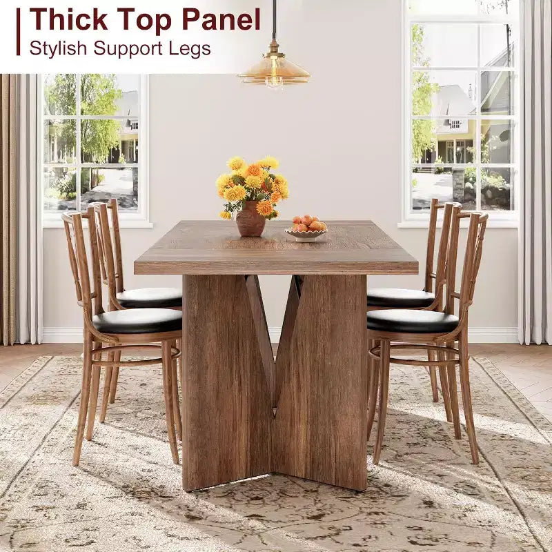 CuisinSmart 70.9'' Dining Table for 6, Farmhouse Rectangular Kitchen Table with Sturdy Frame, Wooden Thickened Long Desk and Dinner Desk