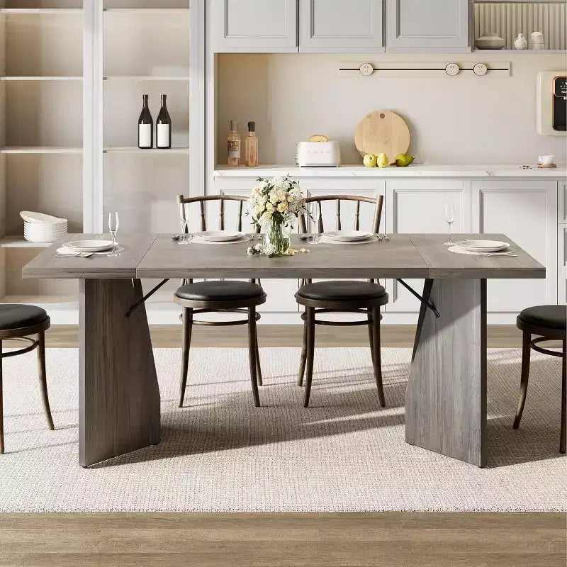 CuisinSmart 70.9'' Dining Table for 6, Farmhouse Rectangular Kitchen Table with Sturdy Frame, Wooden Thickened Long Desk and Dinner Desk