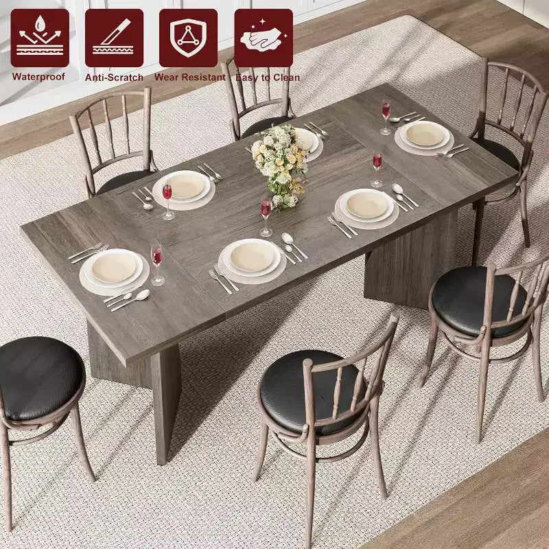 CuisinSmart 70.9'' Dining Table for 6, Farmhouse Rectangular Kitchen Table with Sturdy Frame, Wooden Thickened Long Desk and Dinner Desk
