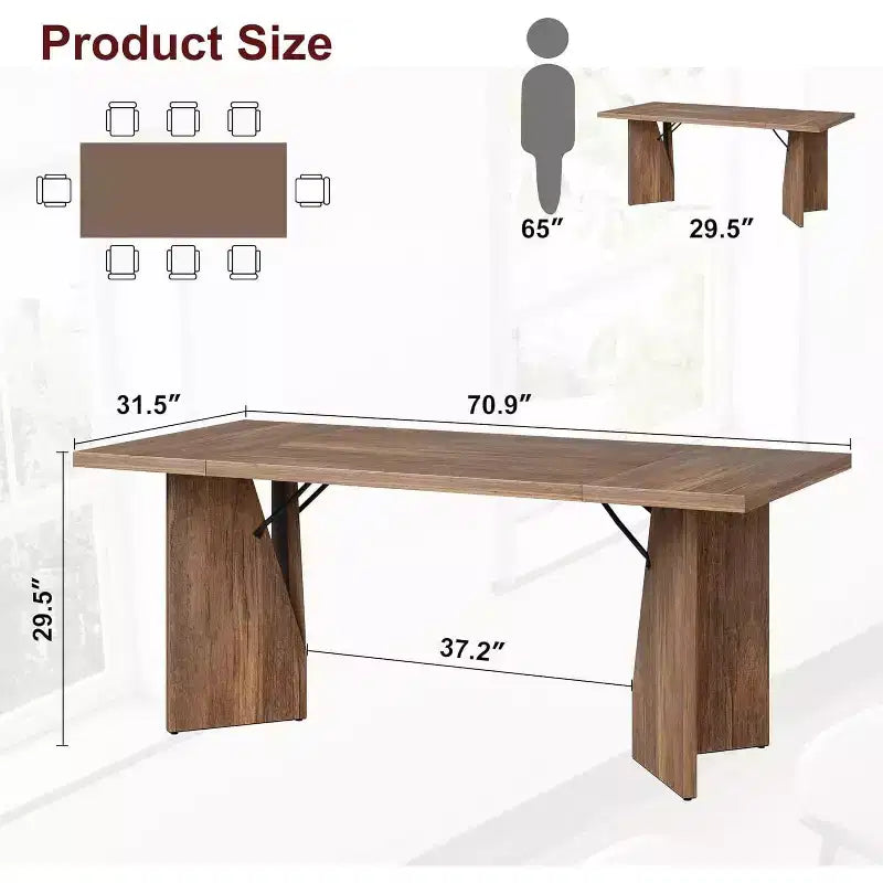 CuisinSmart 70.9'' Dining Table for 6, Farmhouse Rectangular Kitchen Table with Sturdy Frame, Wooden Thickened Long Desk and Dinner Desk