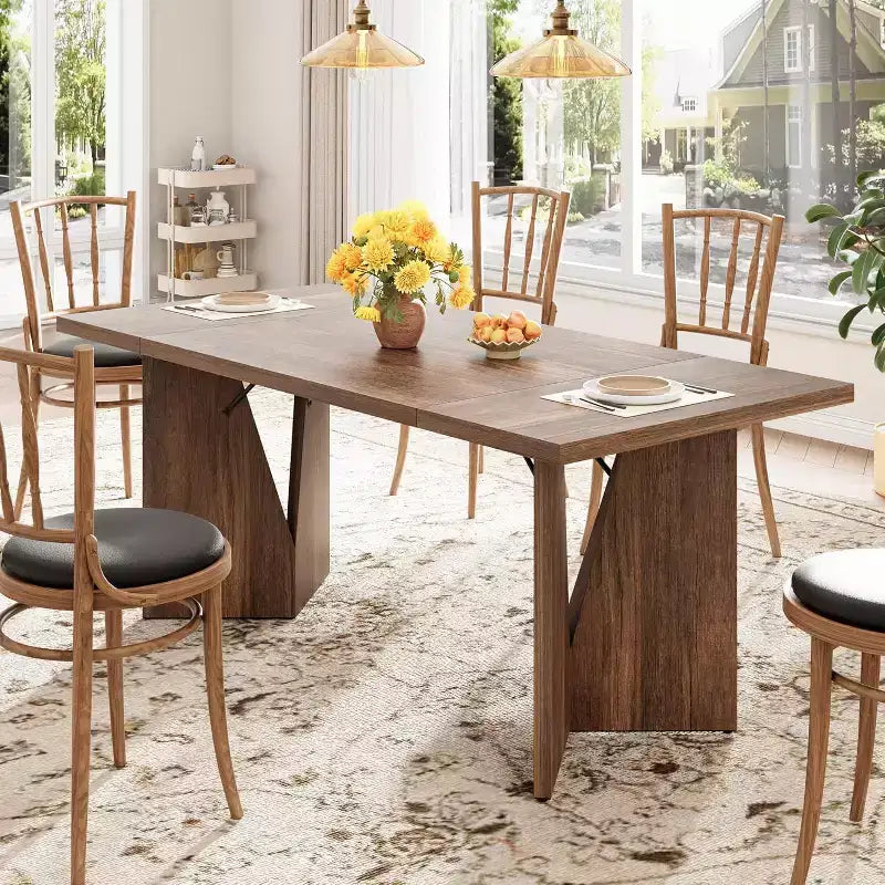 CuisinSmart 70.9'' Dining Table for 6, Farmhouse Rectangular Kitchen Table with Sturdy Frame, Wooden Thickened Long Desk and Dinner Desk