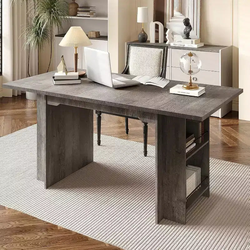CuisinSmart Farmhouse Dining Table With 4 Spacious Storage Shelves, Rustic Wooden Rectangular Kitchen Table, Seats 4-6