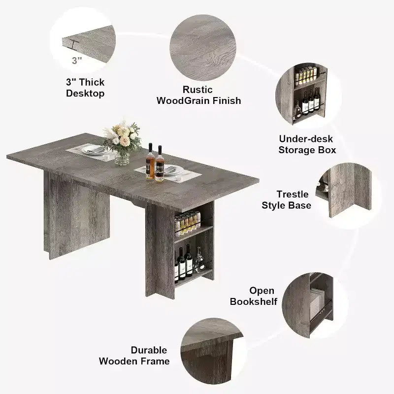 CuisinSmart Farmhouse Dining Table With 4 Spacious Storage Shelves, Rustic Wooden Rectangular Kitchen Table, Seats 4-6