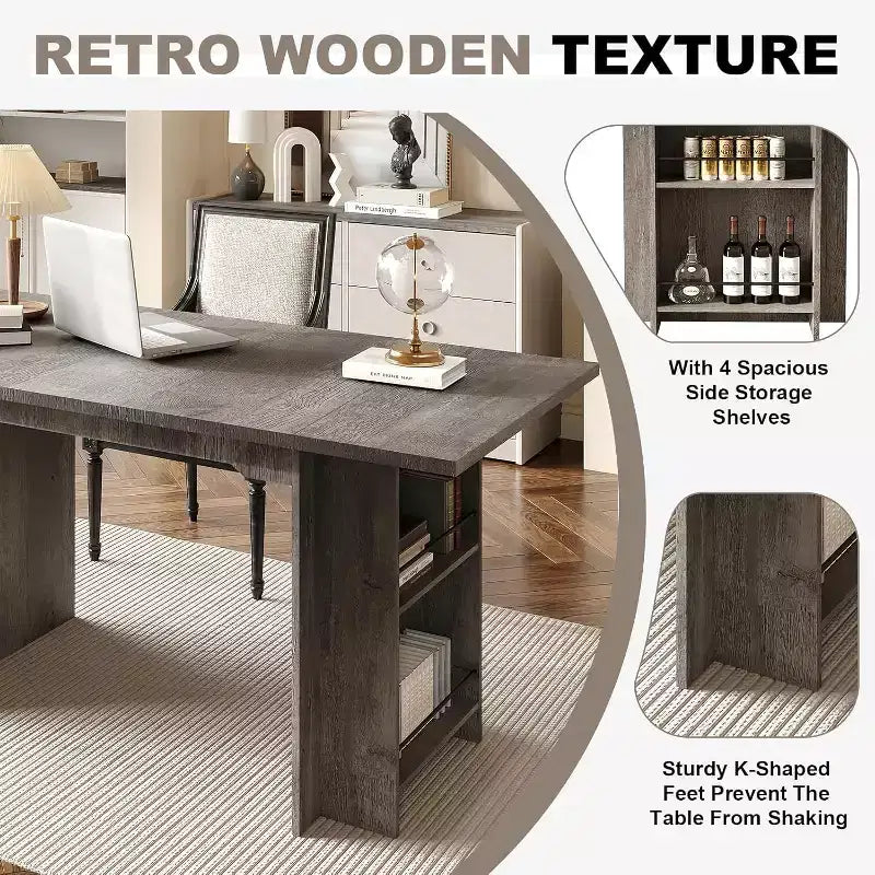 CuisinSmart Farmhouse Dining Table With 4 Spacious Storage Shelves, Rustic Wooden Rectangular Kitchen Table, Seats 4-6