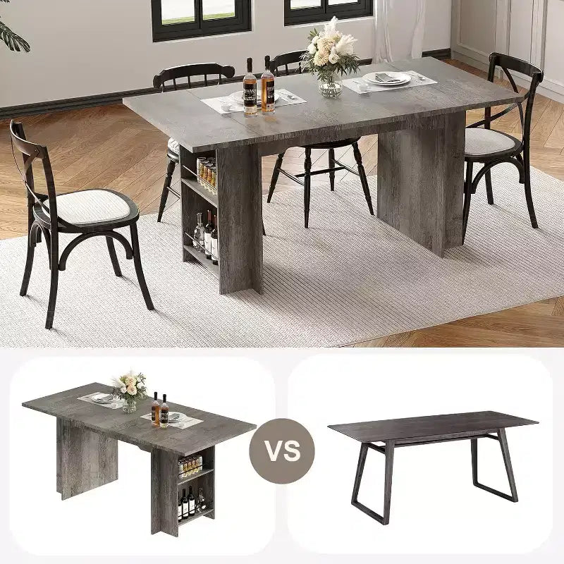 CuisinSmart Farmhouse Dining Table With 4 Spacious Storage Shelves, Rustic Wooden Rectangular Kitchen Table, Seats 4-6