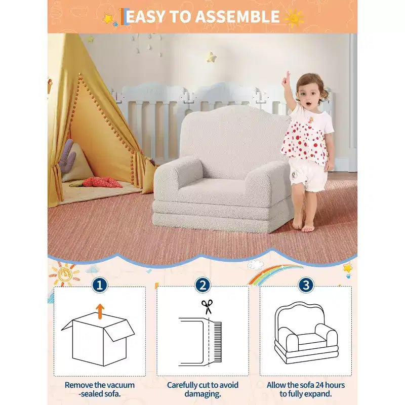 2-in-1 Kids Convertible Couch & Lounger Chair - Foldable Foam Toddler Sofa