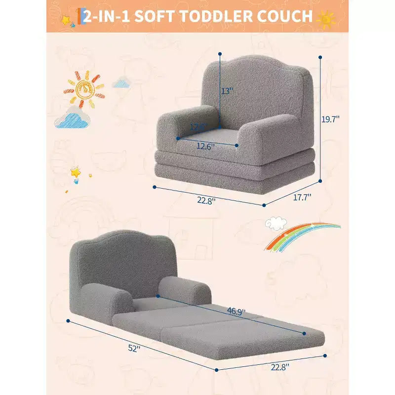 2-in-1 Kids Convertible Couch & Lounger Chair - Foldable Foam Toddler Sofa