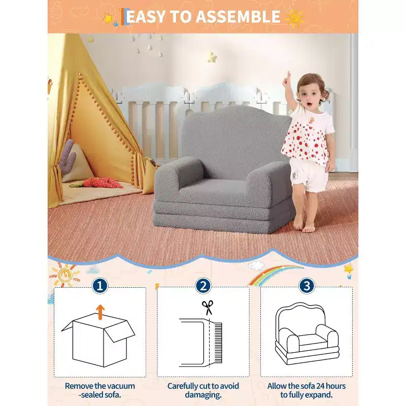 2-in-1 Kids Convertible Couch & Lounger Chair - Foldable Foam Toddler Sofa