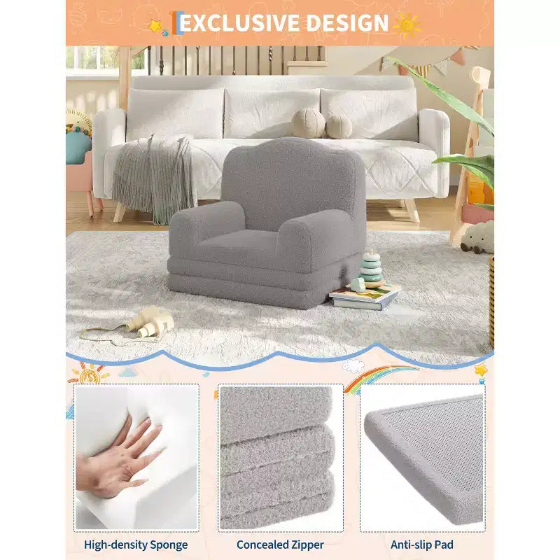 2-in-1 Kids Convertible Couch & Lounger Chair - Foldable Foam Toddler Sofa