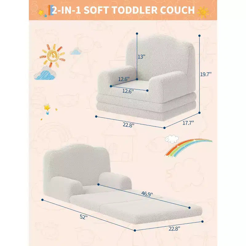 2-in-1 Kids Convertible Couch & Lounger Chair - Foldable Foam Toddler Sofa