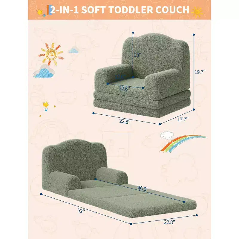 2-in-1 Kids Convertible Couch & Lounger Chair - Foldable Foam Toddler Sofa