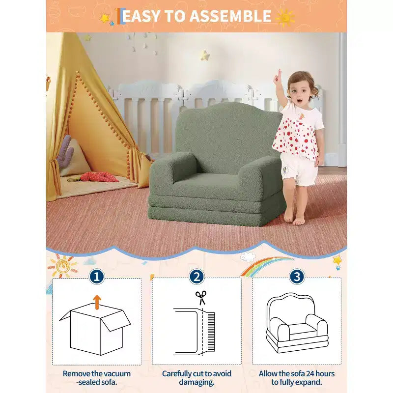 2-in-1 Kids Convertible Couch & Lounger Chair - Foldable Foam Toddler Sofa