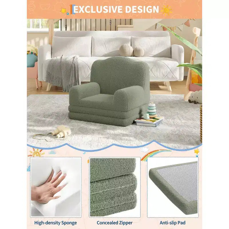 2-in-1 Kids Convertible Couch & Lounger Chair - Foldable Foam Toddler Sofa