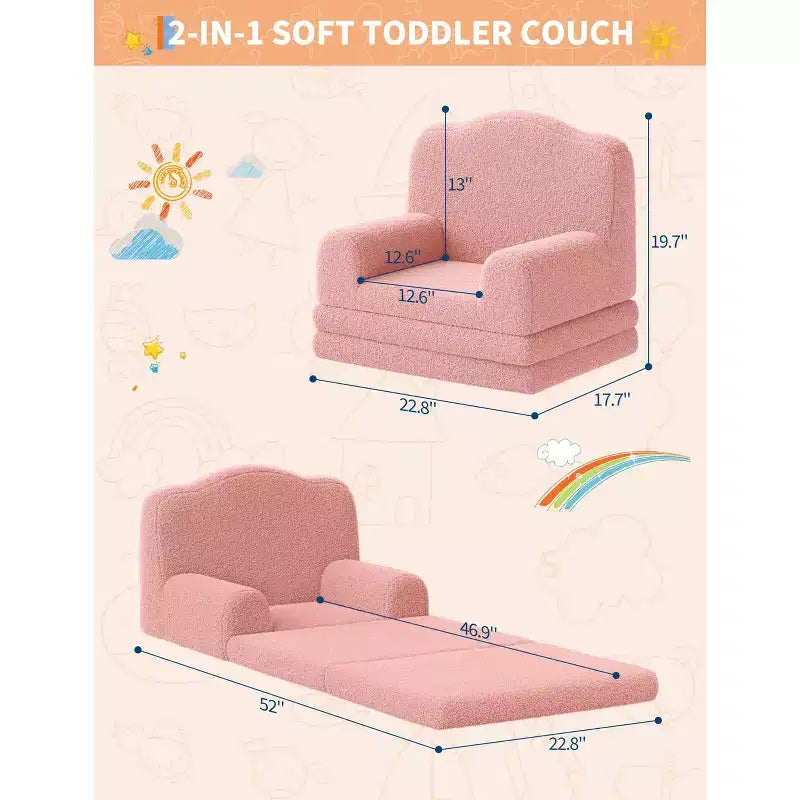 2-in-1 Kids Convertible Couch & Lounger Chair - Foldable Foam Toddler Sofa
