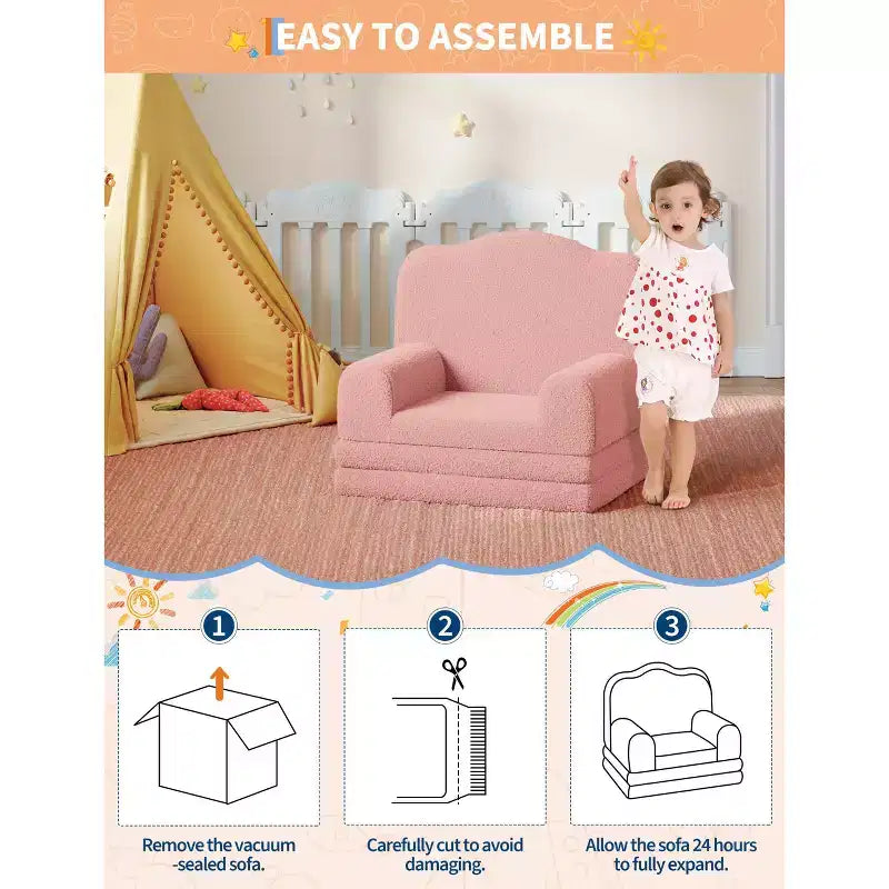 2-in-1 Kids Convertible Couch & Lounger Chair - Foldable Foam Toddler Sofa