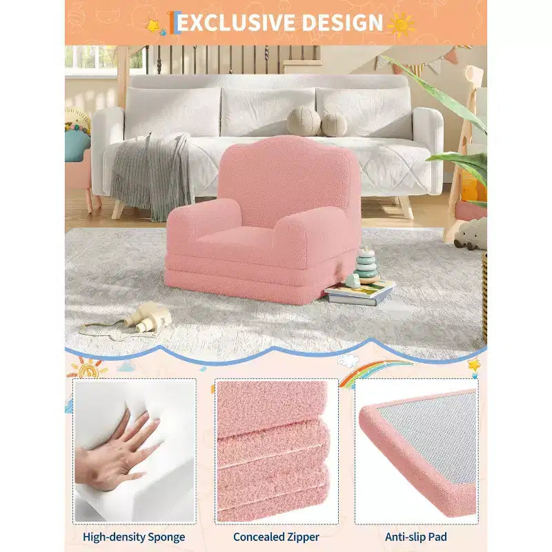 2-in-1 Kids Convertible Couch & Lounger Chair - Foldable Foam Toddler Sofa