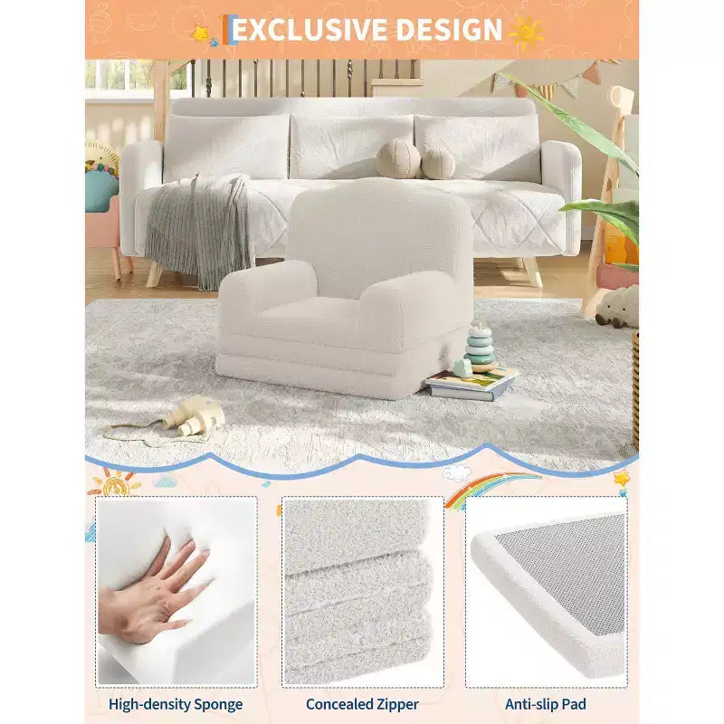 2-in-1 Kids Convertible Couch & Lounger Chair - Foldable Foam Toddler Sofa