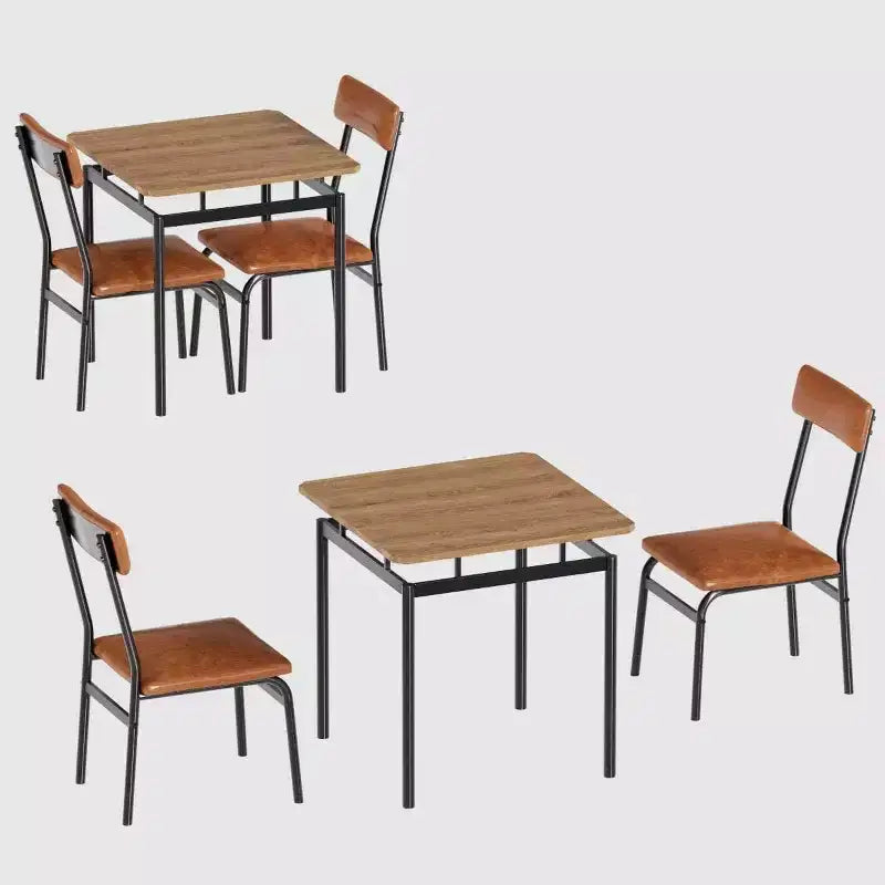 3-Piece Brown Industrial Dining Table Set for 2 with PU Upholstered Chairs, Space-Saving Metal Frame Kitchen Dinette for Small Spaces