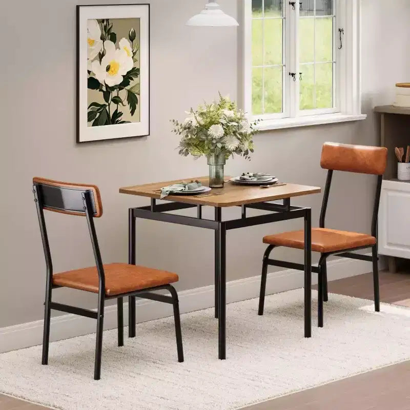 3-Piece Brown Industrial Dining Table Set for 2 with PU Upholstered Chairs, Space-Saving Metal Frame Kitchen Dinette for Small Spaces