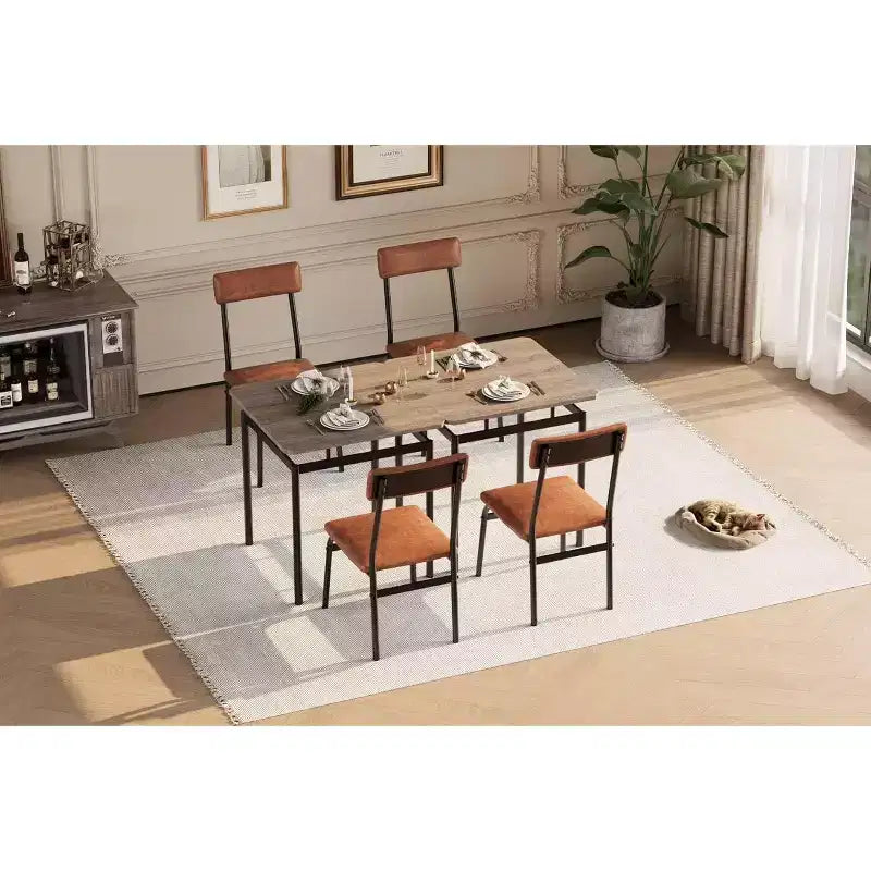3-Piece Brown Industrial Dining Table Set for 2 with PU Upholstered Chairs, Space-Saving Metal Frame Kitchen Dinette for Small Spaces