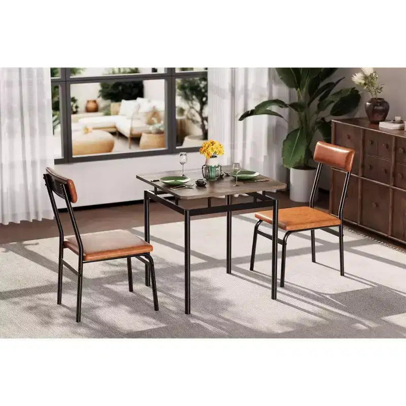 3-Piece Brown Industrial Dining Table Set for 2 with PU Upholstered Chairs, Space-Saving Metal Frame Kitchen Dinette for Small Spaces