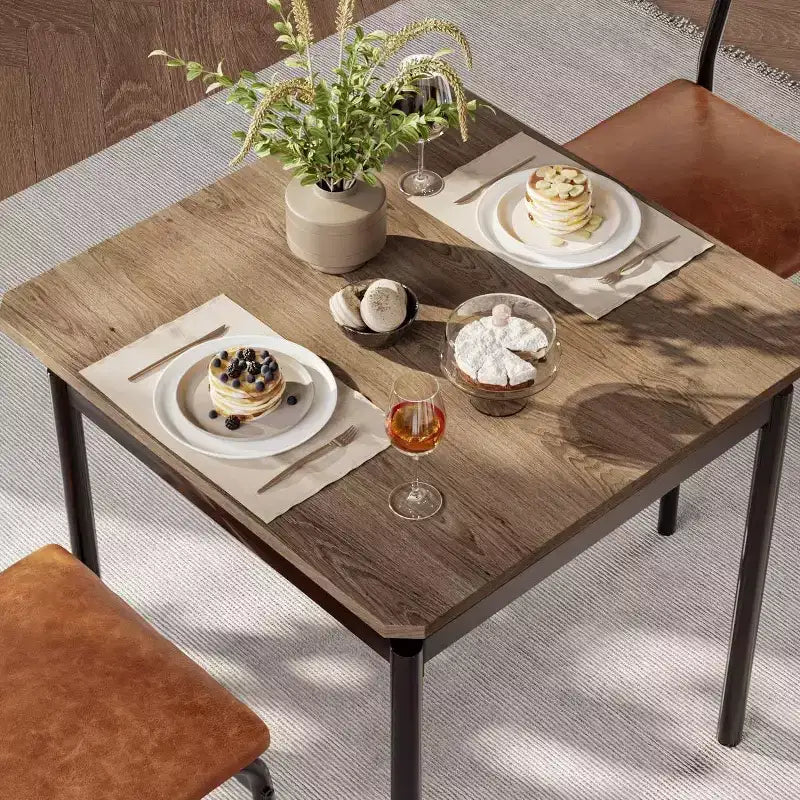 3-Piece Brown Industrial Dining Table Set for 2 with PU Upholstered Chairs, Space-Saving Metal Frame Kitchen Dinette for Small Spaces