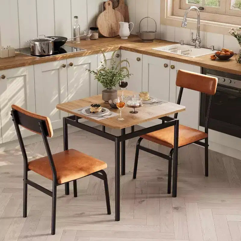 3-Piece Brown Industrial Dining Table Set for 2 with PU Upholstered Chairs, Space-Saving Metal Frame Kitchen Dinette for Small Spaces