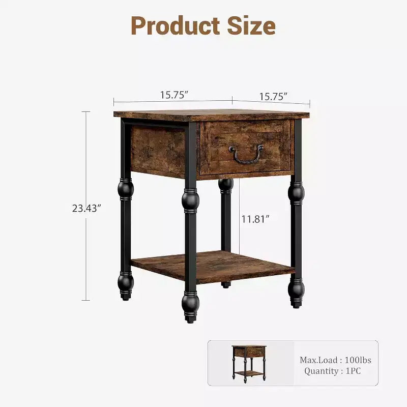 Industrial Side Table with Storage, 2 Tiers Nightstand with Drawer, Featured Bedside for Bedroom, Living Room and Small Space