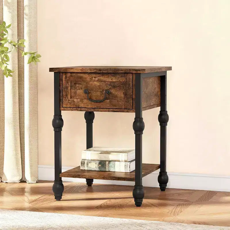 Industrial Side Table with Storage, 2 Tiers Nightstand with Drawer, Featured Bedside for Bedroom, Living Room and Small Space