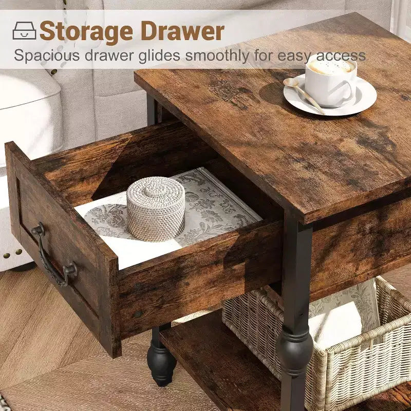Industrial Side Table with Storage, 2 Tiers Nightstand with Drawer, Featured Bedside for Bedroom, Living Room and Small Space