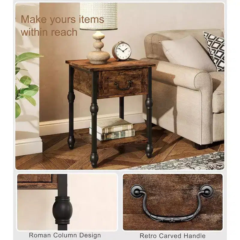 Industrial Side Table with Storage, 2 Tiers Nightstand with Drawer, Featured Bedside for Bedroom, Living Room and Small Space