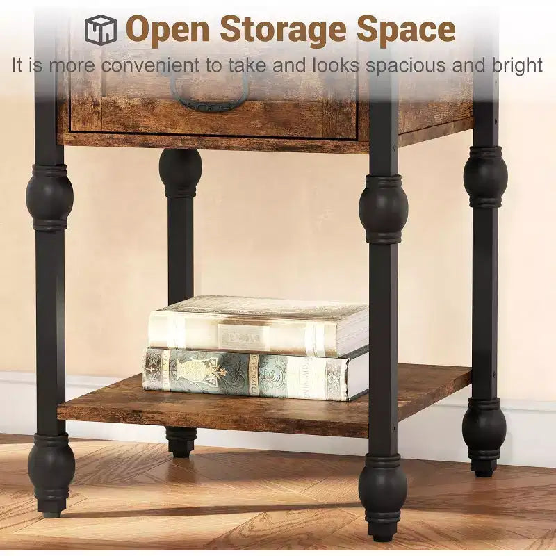Industrial Side Table with Storage, 2 Tiers Nightstand with Drawer, Featured Bedside for Bedroom, Living Room and Small Space