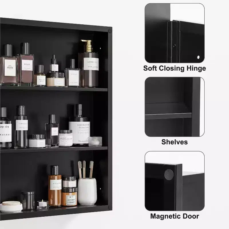30 * 24 Inch Black Rectangular Bathroom Medicine Cabinet With Mirror