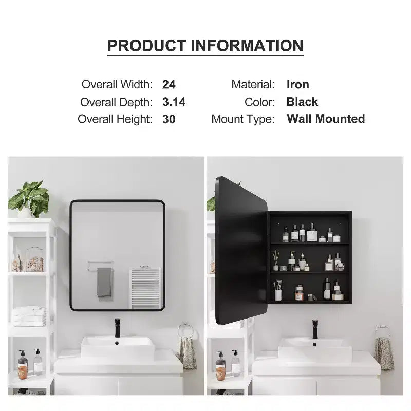 30 * 24 Inch Black Rectangular Bathroom Medicine Cabinet With Mirror