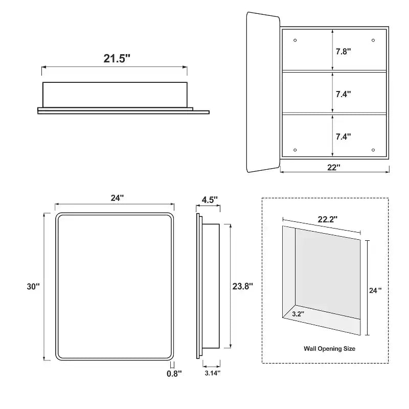 30 * 24 Inch Black Rectangular Bathroom Medicine Cabinet With Mirror