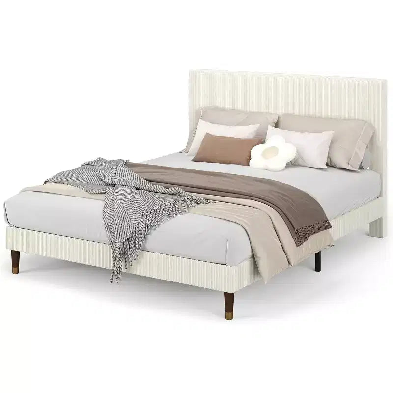 Queen Size Upholstered Platform Bed Frame with Modern Fabric Headboard, Sturdy Metal Frame & Wooden Slats, Noise-Free, No Box Spring Needed, Beige