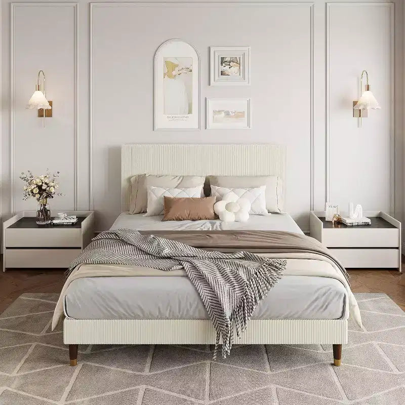 Queen Size Upholstered Platform Bed Frame with Modern Fabric Headboard, Sturdy Metal Frame & Wooden Slats, Noise-Free, No Box Spring Needed, Beige