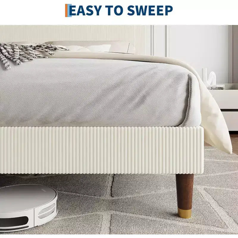 Queen Size Upholstered Platform Bed Frame with Modern Fabric Headboard, Sturdy Metal Frame & Wooden Slats, Noise-Free, No Box Spring Needed, Beige