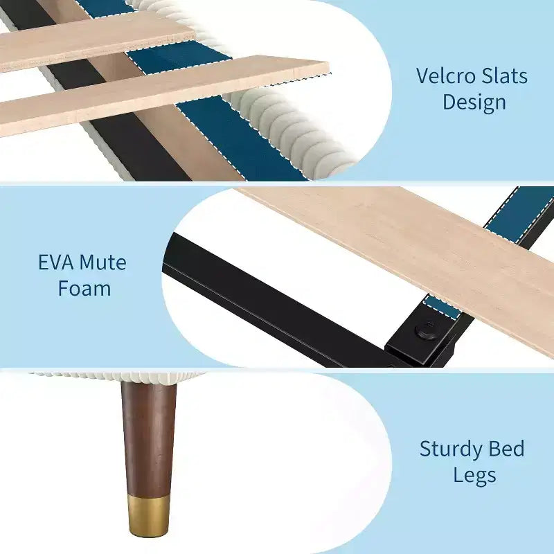 Queen Size Upholstered Platform Bed Frame with Modern Fabric Headboard, Sturdy Metal Frame & Wooden Slats, Noise-Free, No Box Spring Needed, Beige