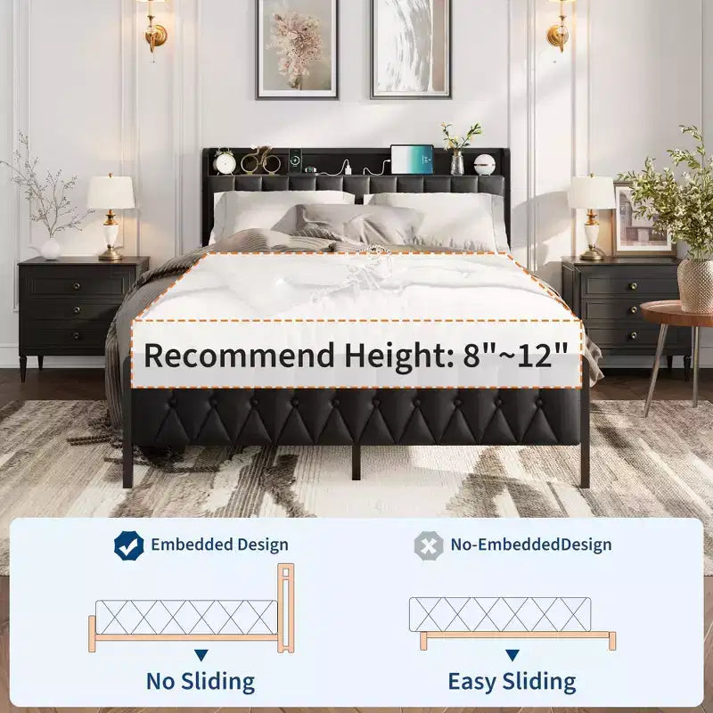 GustoWave All-Metal Platform Bed Frame, with Button Headboard and Charging Station
