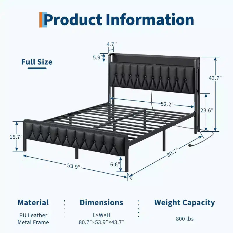 GustoWave All-Metal Platform Bed Frame, with Button Headboard and Charging Station