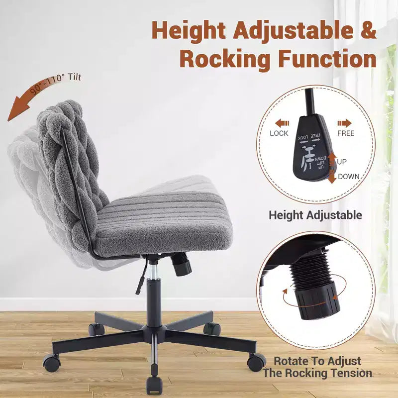 Rolling Desk Chair, Gray Fabric Criss Cross Chair, Swivel Home Office Chair with Wheels, Wide Seat Computer Task Chair, Height Adjustable Vanity Chair