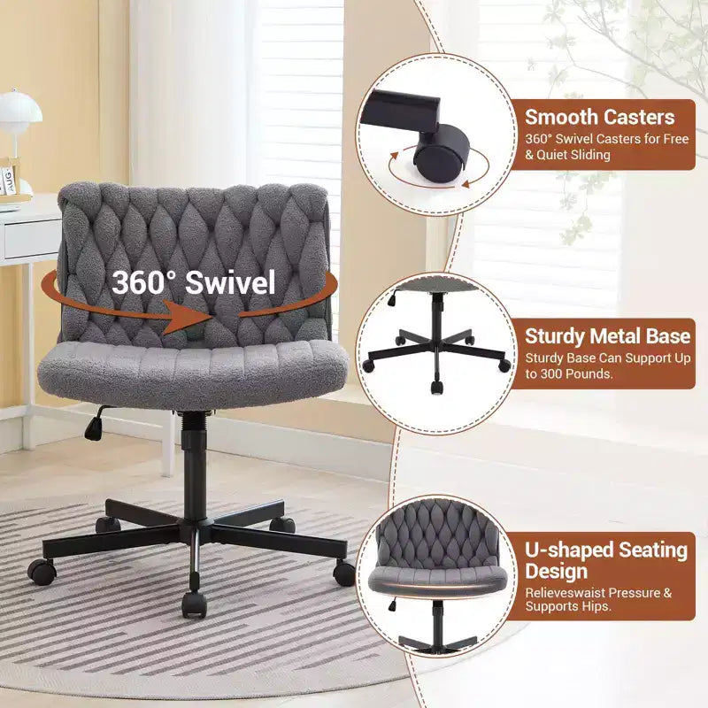 Rolling Desk Chair, Gray Fabric Criss Cross Chair, Swivel Home Office Chair with Wheels, Wide Seat Computer Task Chair, Height Adjustable Vanity Chair