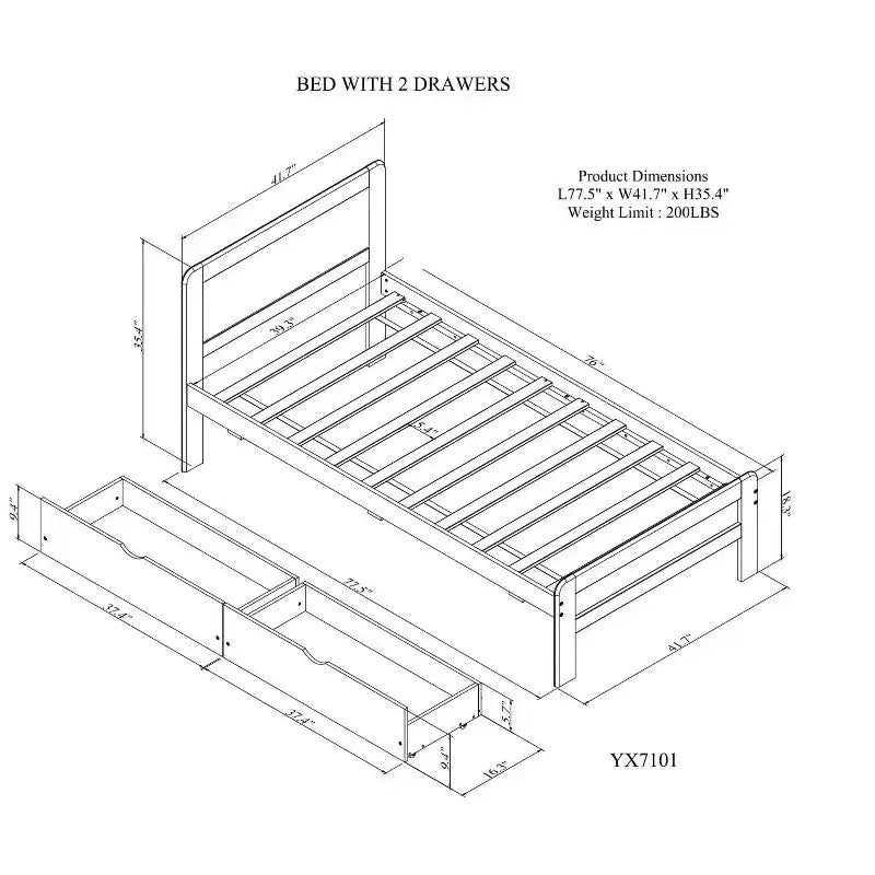 Twin Bed with 2 Trundle Storage Drawers, Platform Bed Frame with Headboard for Bedroom Small Living Space, No Box Spring Needed