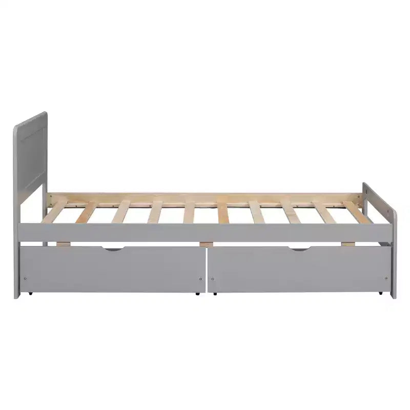 Twin Bed with 2 Trundle Storage Drawers, Platform Bed Frame with Headboard for Bedroom Small Living Space, No Box Spring Needed