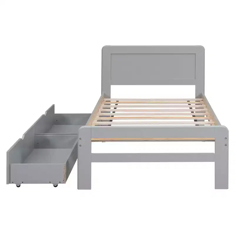 Twin Bed with 2 Trundle Storage Drawers, Platform Bed Frame with Headboard for Bedroom Small Living Space, No Box Spring Needed